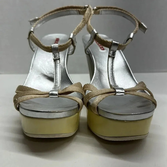 Prada Wedges T-Strap Open Toe High Heel Shoes Leather Yellow Silver Size 38 US 8 - Picture 3 of 12